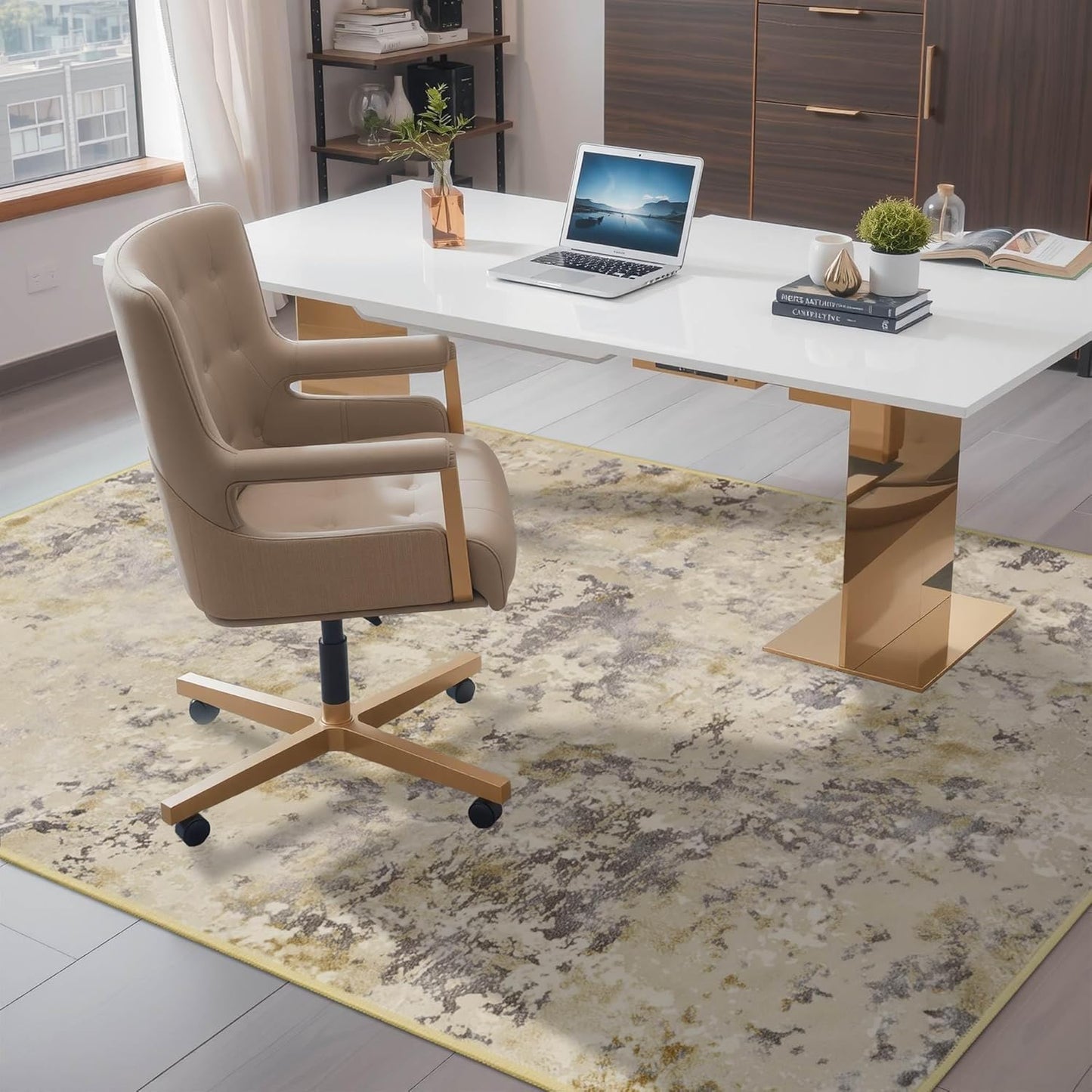 Nursery Rug for Baby Girl, 5x7 Beige Washable Rugs for Living Room Bedroom Dorm Non Slip, Stain Resistant Neutral Carpet Low Pile for Classroom, Dining Room, Kids Playroom