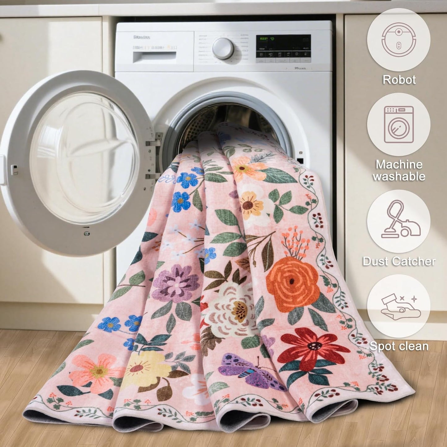 8x10 Area Rugs for Living Room: Floral Washable Rug Vintage Large Soft Boho Non-Slip Carpet Indoor Floor Stain Resistant Carpets for Bedroom Dining Room Farmhouse Nursery Home Office Beige