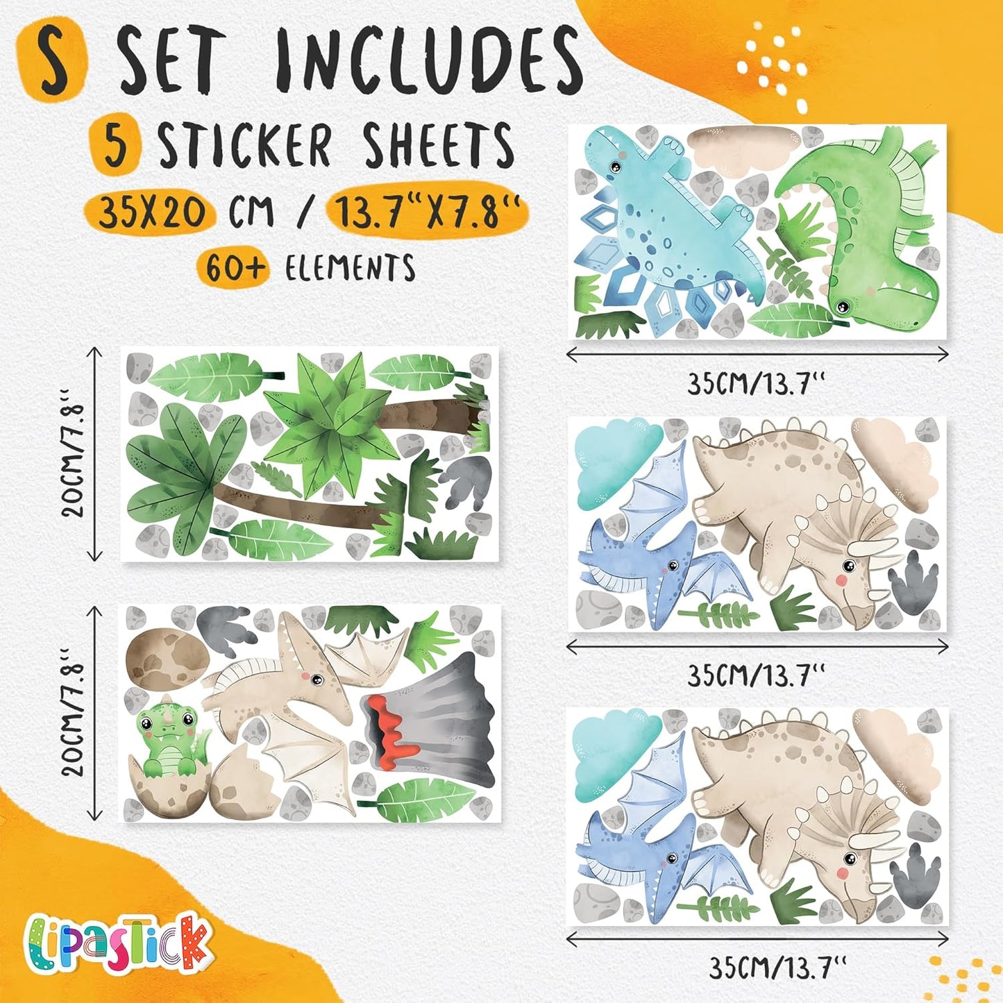 Dinosaur Wall Decals by Lipastick - Peel and Stick Palm Tree Dino Jurassic-Themed Stickers for Baby Nursery, Kids Room, Toddler Bedroom, Playroom, Daycare, Classroom Decor -S Size