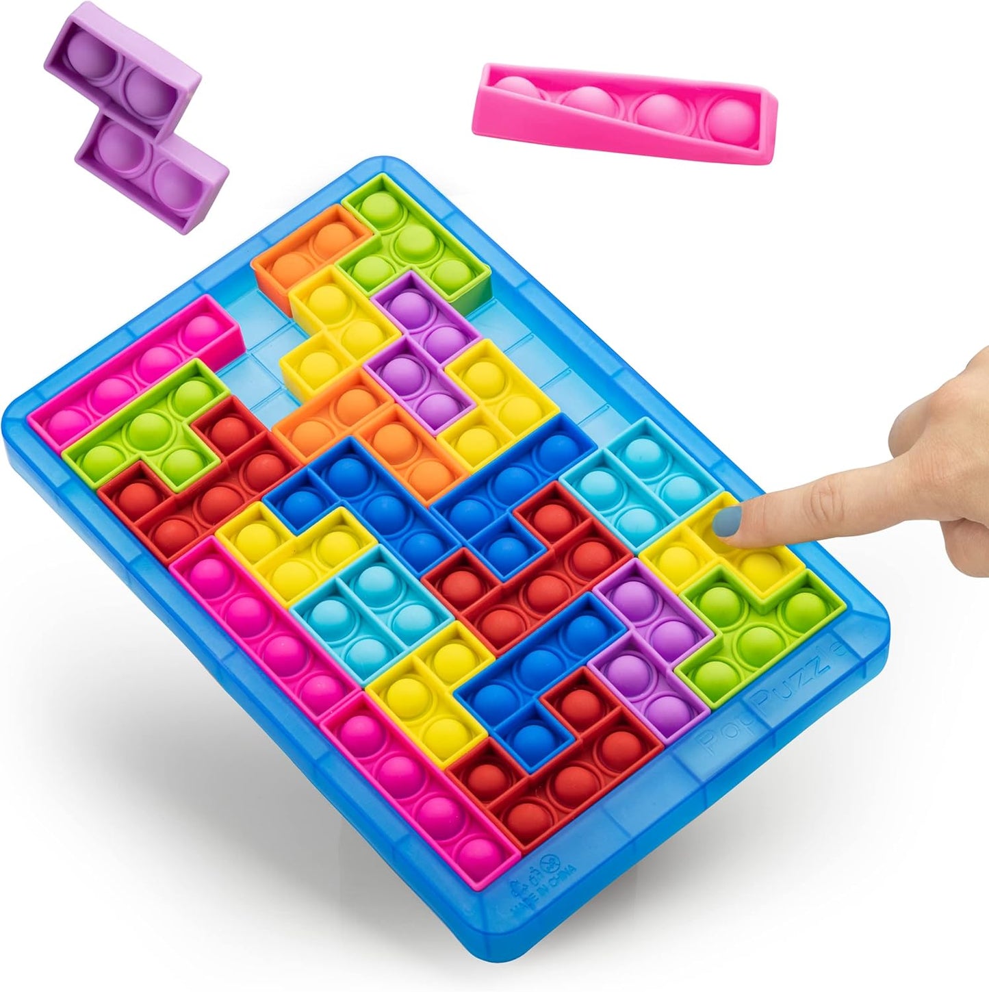 Power Your Fun Pop Puzzle Popper Fidget Game - 27pc Jigsaw Puzzle Game Pop Push It Bubble Sensory Fidget Toys for Learning, Stress Relief Silicone Pop Puzzle Game Board for Kids and Adults (Blue)