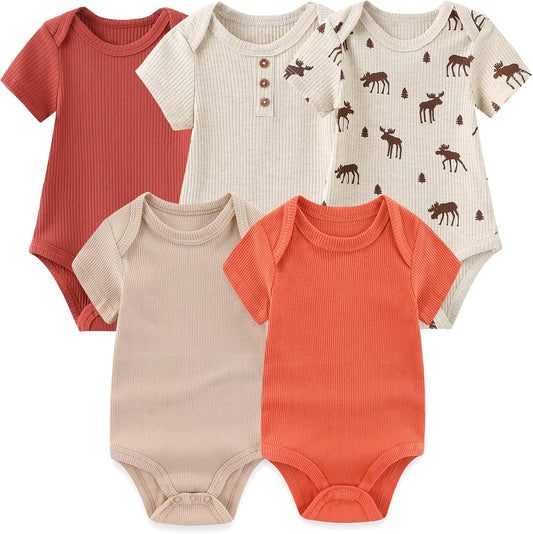 Newborn Baby Short Sleeve Bodysuit Cotton One-Piece Baby Clothes 5-Pack, 0-12 Months