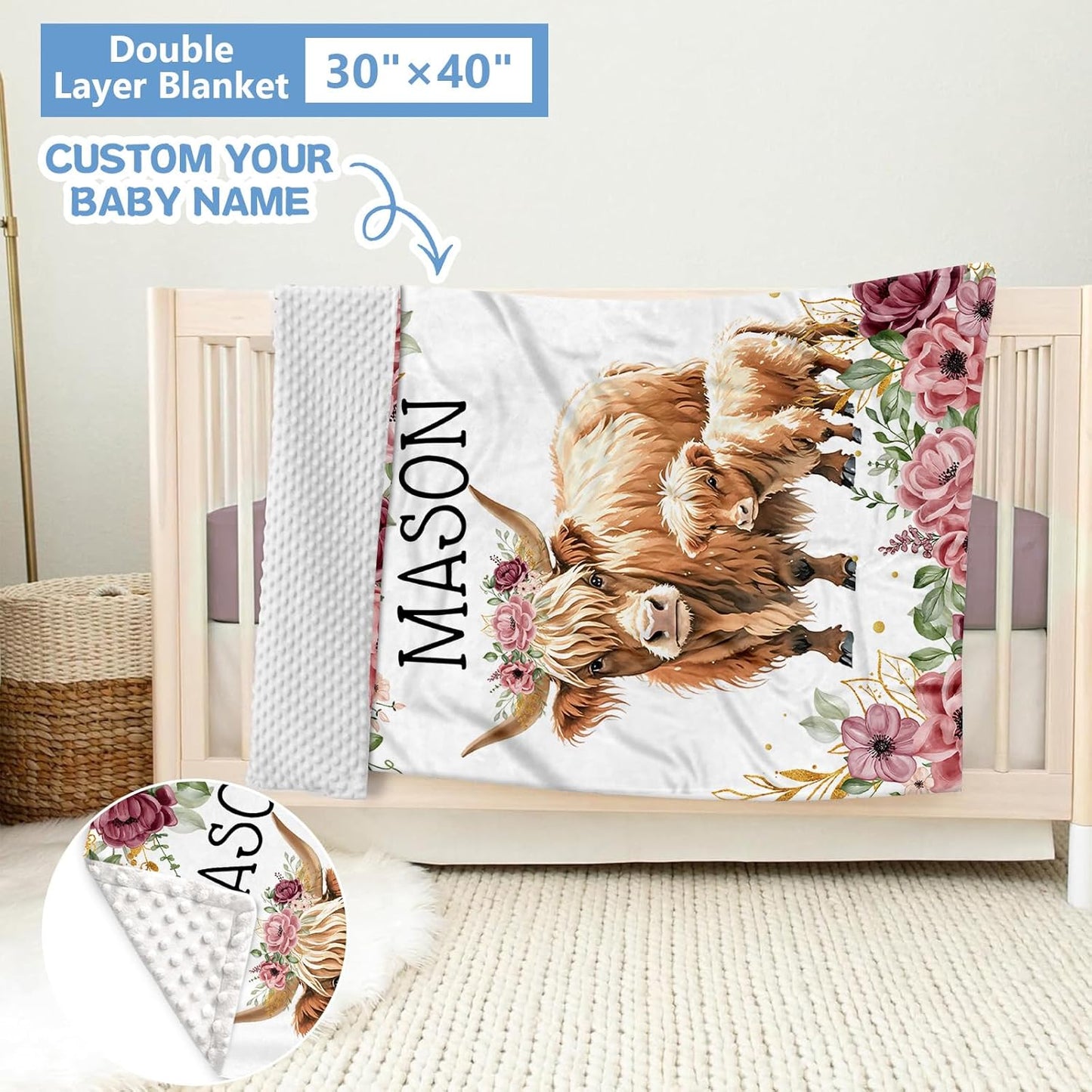 Personalized Baby Bedding Set, 5 Pcs Custom Baby Crib Set with Name, Soft Flannel Highland Cow Crib Bedding Set for Girls, Double Layer Nursery Bedding Set, New Parents Toddlers Infants Gift
