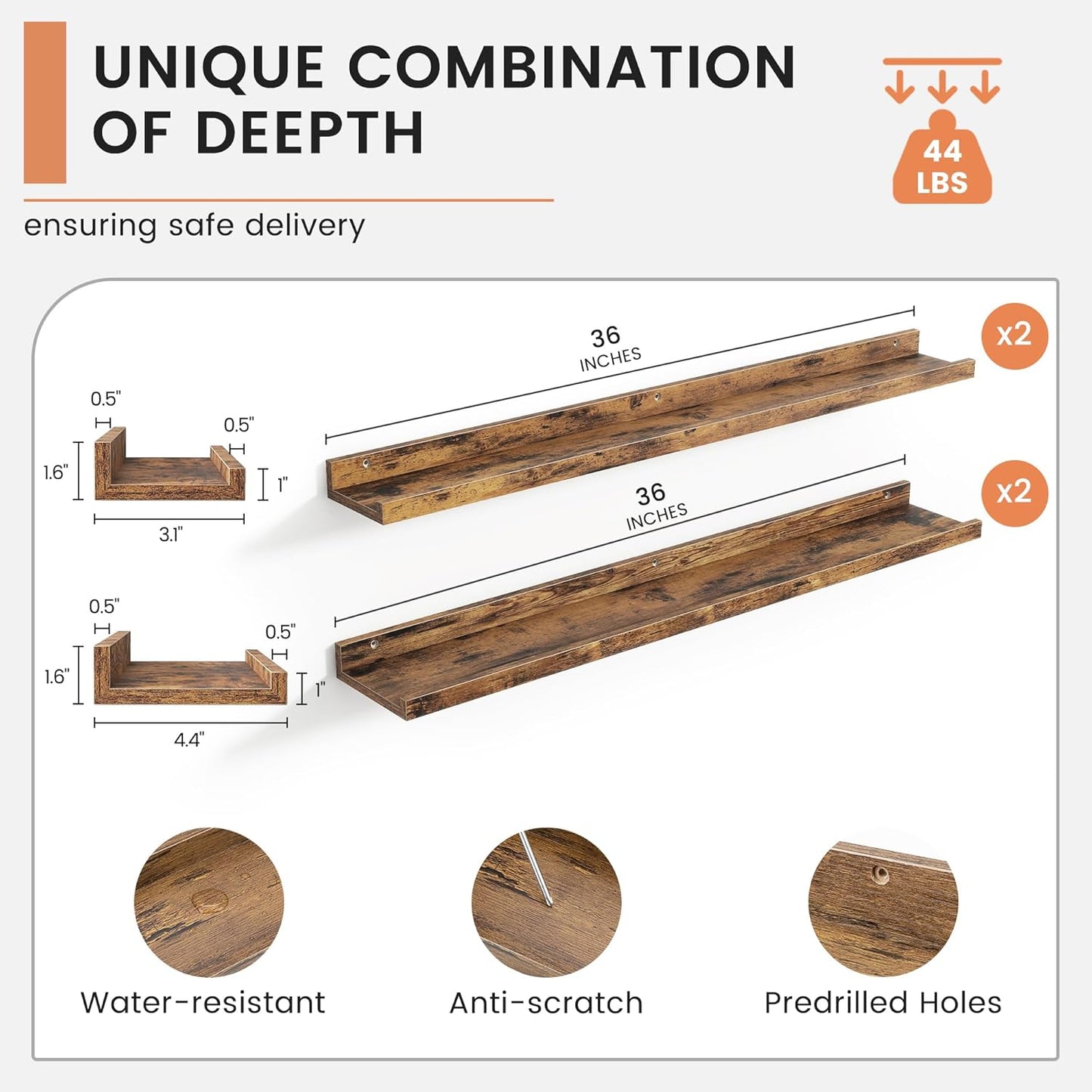 Floating Picture Ledge Shelves Set of 4, 36 Inch Shelves with Lip - Large Nursery Book Shelf for Toys Storage, Kids Bookshelf - Wall Mounted Living Room Bedroom Decor Frames