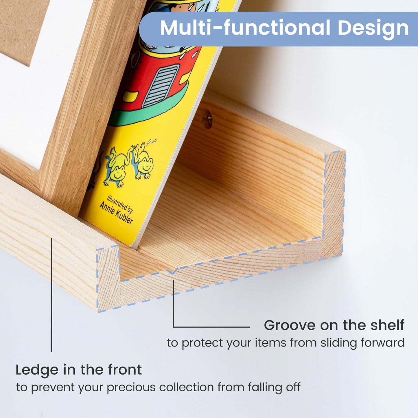Picture Ledge Shelf for Wall, 16 inch Solid Pine Wood Nursery Book Shelves 2 Packs, Floating Ledge Shelves for Kids' Room Bedroom Bathroom Living Room Photo Frames Office Nursey Wall Decor, Natural