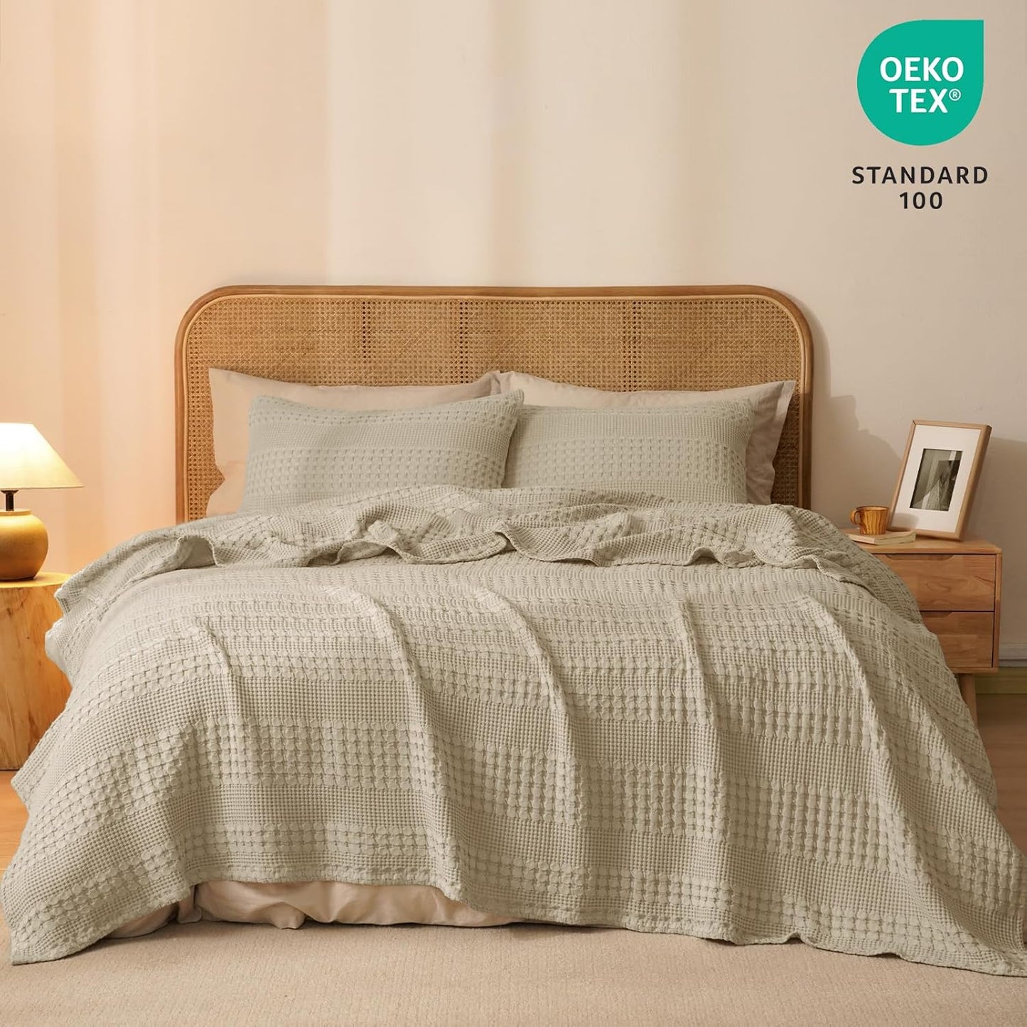 PHF 100% Cotton Waffle Weave Blanket Queen Size, Soft Lightweight Breathable Cozy Summer Blankets for Bed, Luxury Aesthetic Woven Bedding for Home Decor, 90"x90", Khaki