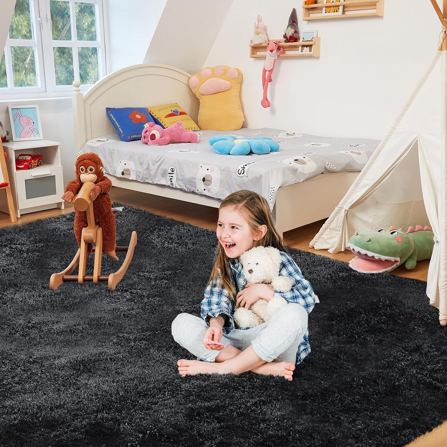 5X8 Ultra Soft Rug for Living Room, Fluffy Shag Area Rug for Bedroom, Modern Shaggy Carpets Fuzzy Rug for Teens Dorm Nursery Home Decor Aesthetic, Upgrade Anti-Skid Durable, Black