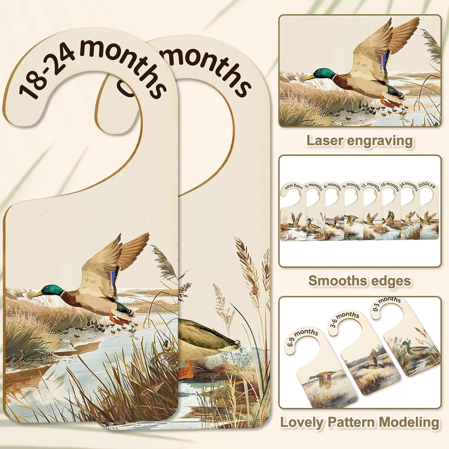 Whaline 8Pcs Baby Closet Size Dividers - Watercolor Mallard Duck Hanging Wood Organizer for Newborn to 24 Months - Thicken Wardrobe Organizer