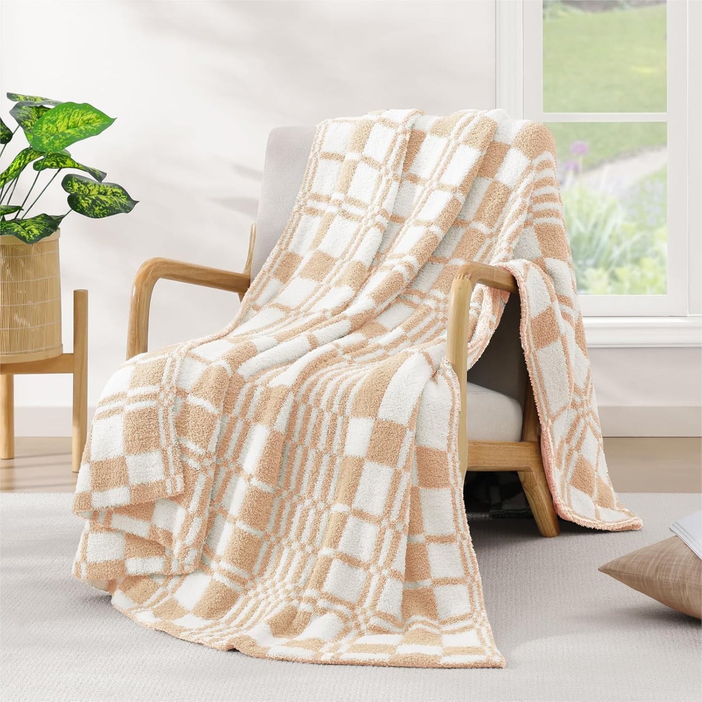 WRENSONGE Checkered Throw Blanket, Toast Almond Soft Cozy Fluffy Warm Hand Made Throw Blankets for Couch, Sofa, Chair, Bed, Camping, Picnic, Travel Lightweight Bed Blanket - 50"*60"