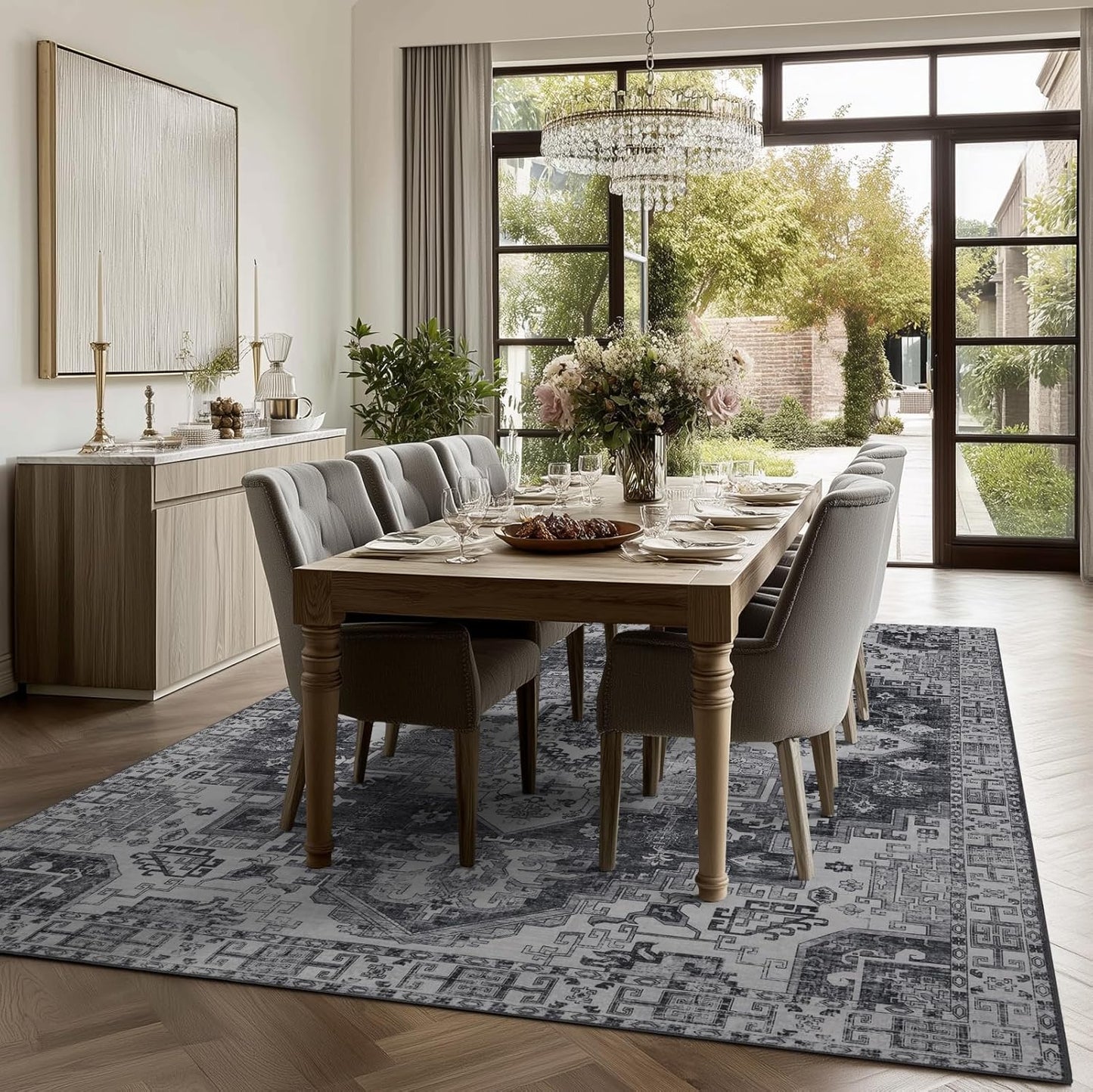 Washable 6x9 Area Rug for Living Room, Carpet for Bedroom Dining Room, Non Slip&Non-Shedding Resistant Low Pile Vintage Print Rug for Home Office (Medium Gray)