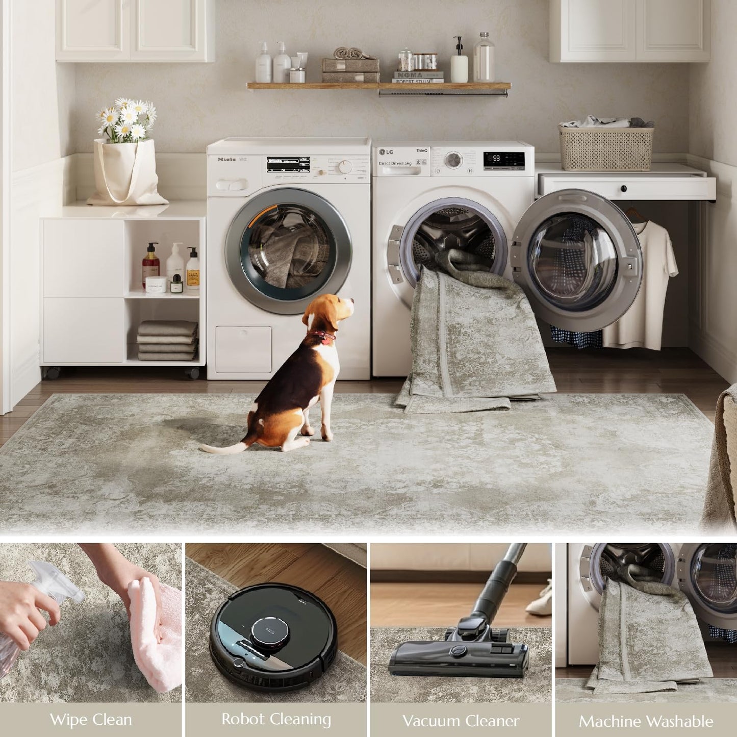 jinchan Hallway Runner Rug 2x10 Vintage Floral Distressed Design - Machine Washable Non-Slip Low-Pile Soft Thin Faux Wool Kitchen Carpet for Farmhouse Bedroom Laundry Room(2x10ft,Brown)