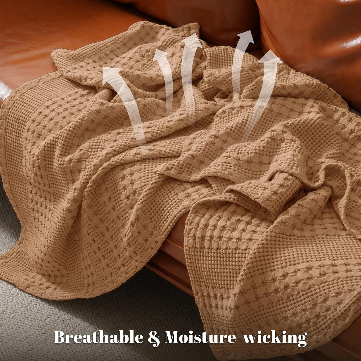 PHF 100% Cotton Waffle Weave Blanket Twin Size, Soft Lightweight Breathable Cozy Summer Blankets for Bed, Luxury Aesthetic Woven Bedding for Home Decor, 66"x90", Camel