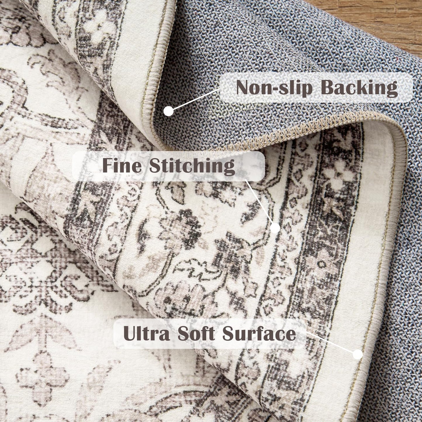 jinchan Round Rug 4ft Washable Circle Soft Rug - Low Pile Vintage 4'Round Indoor Beige Floral Print Stain Resistant Boho Carpet Ultra-Thin Non-Slip for Entryway Nursery Bedroom Dining Room Kitchen