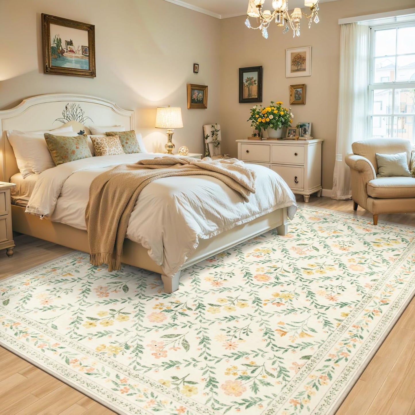 6x9 Area Rugs for Living Room: Floral Washable Rug Vintage Large Soft Boho Non-Slip Carpet Indoor Stain Resistant Thin Carpets for Bedroom Dining Room Farmhouse Nursery Hallway Home Office Beige/Multi