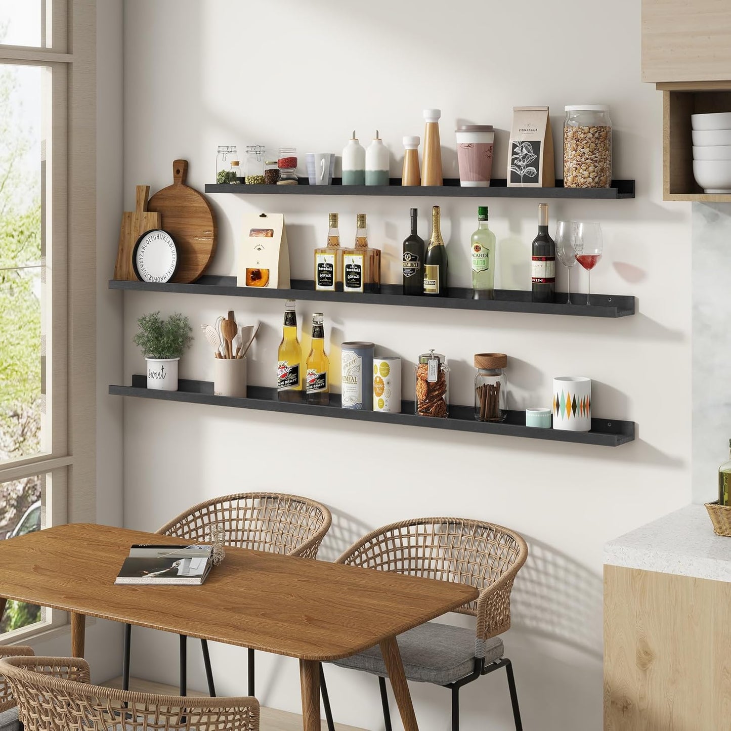 Picture Ledge Shelf for Wall, 16 inch Solid Pine Wood Nursery Book Shelves 2 Packs, Floating Ledge Shelves for Kids' Room Bedroom Bathroom Living Room Photo Frames Office Nursey Wall Decor, Black