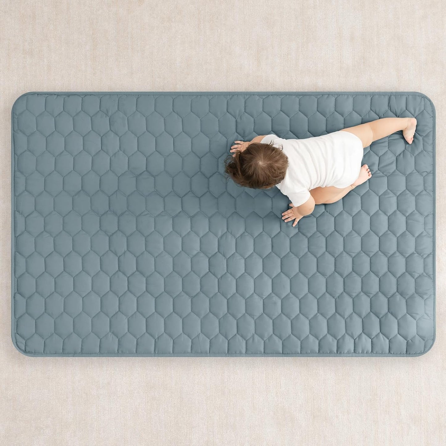 Comfy Cubs Rectangle Kids Play Mat - Small 36 x 60 inches Soft Quilted Baby Floor Mat with Non-Slip Bottom - Plush Design for Toddlers' Playtime and Relaxation - Comfortable and Durable - Pacific Blue