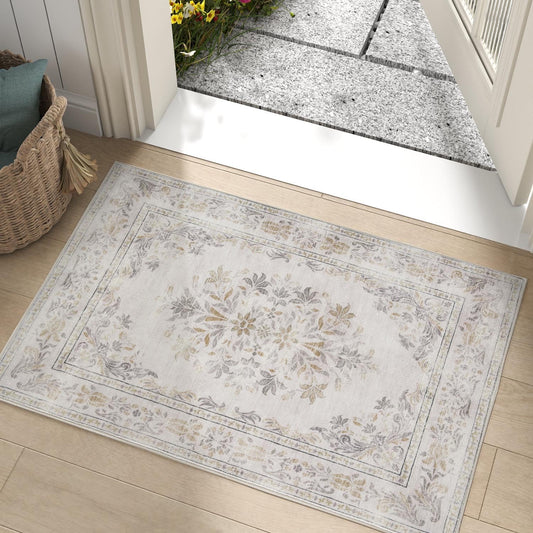 jinchan Floral 2x3 Rug for Entryway - Vintage Washable Area Rug Ultra-Thin Low Pile Soft Small Non Slip Distressed Indoor Door mat Accent for Entrance Kitchen Bedroom Bathroom (2x3ft,Light Grey)