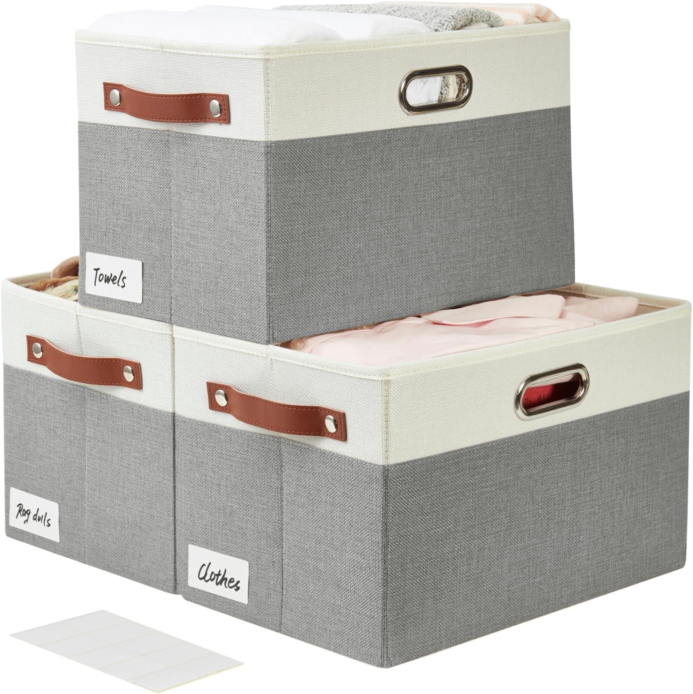Large Collapsible Fabric Storage Bins with 3 Handles, Foldable Organizer Baskets for Closet, Shelves, Living Room | 3 Pack, Durable PU & Metal Handles (14.9"x9.8"x9.8", Gray & White)