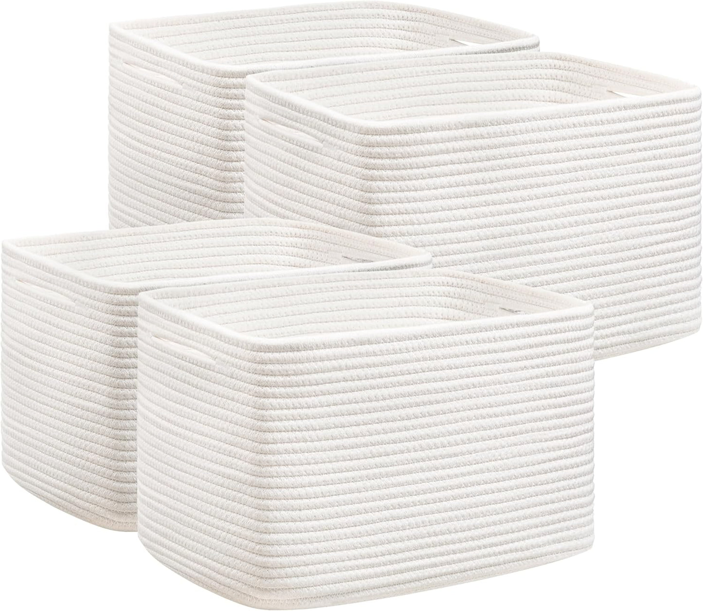 UBBCARE 4 Pack Baskets for Organizing, Woven Storage Baskets for Toys and Towel, Rectangle Cotton Rope Basket with Handles, 15''L x10''W x9''H, White