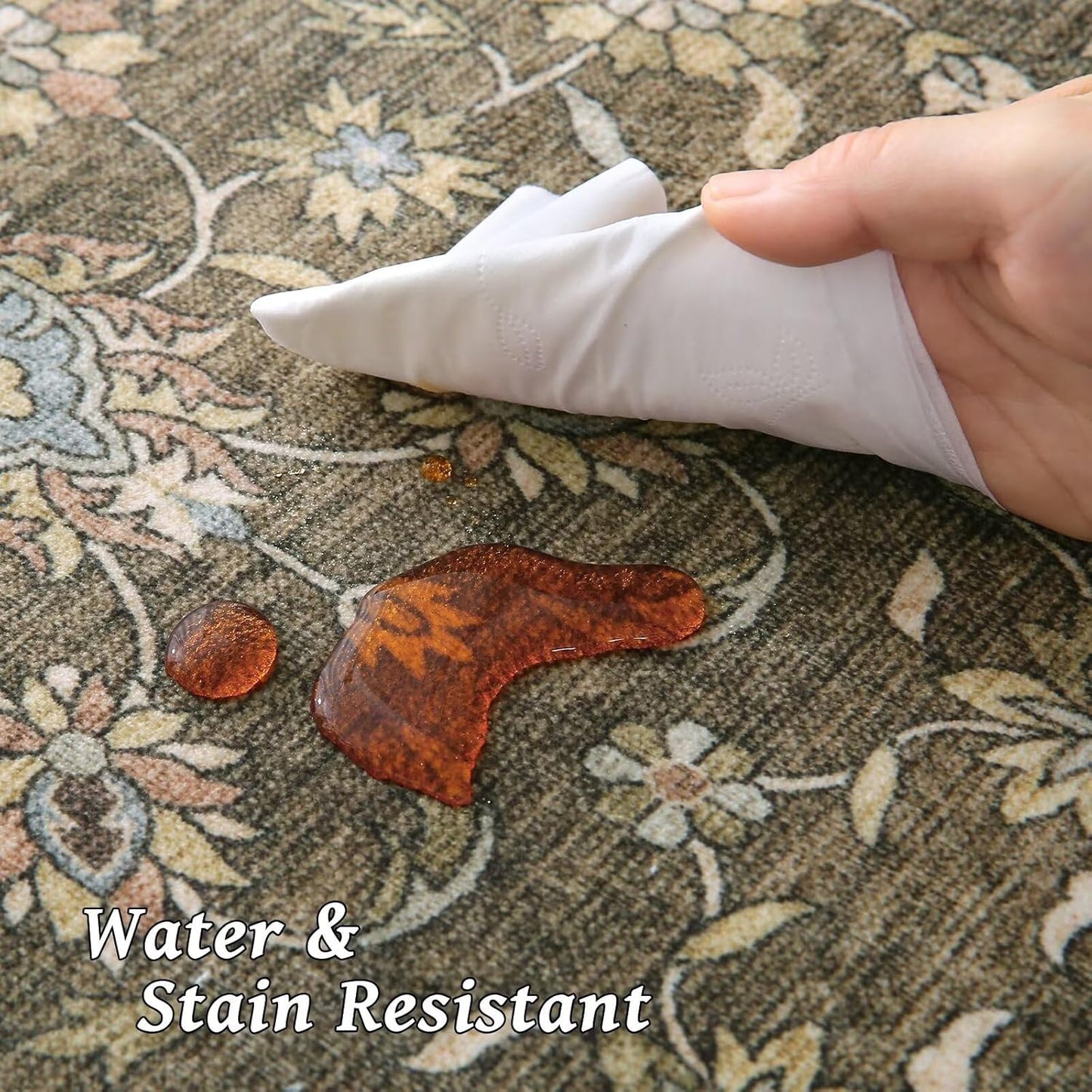 Washable 5x7 Area Rugs for Living Room, Boho Non-Slip Silicone Backing Rugs for Bedroom Dining Room Nursery Office, 0.3" Neutral Oriental Throw Carpet with 0.16" Cushioning Pad, Flaxen/Multi