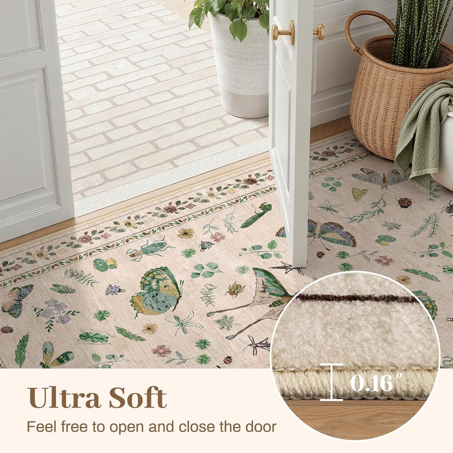 6ft Washable Round Rug - Bug Rugs for Living Room Non-Slip Low Pile Soft Ultra-Thin Machine Washable Circle Carpet for Bedroom, Entryway, Nursery, Kitchen, Home Office (6' Round Beige)