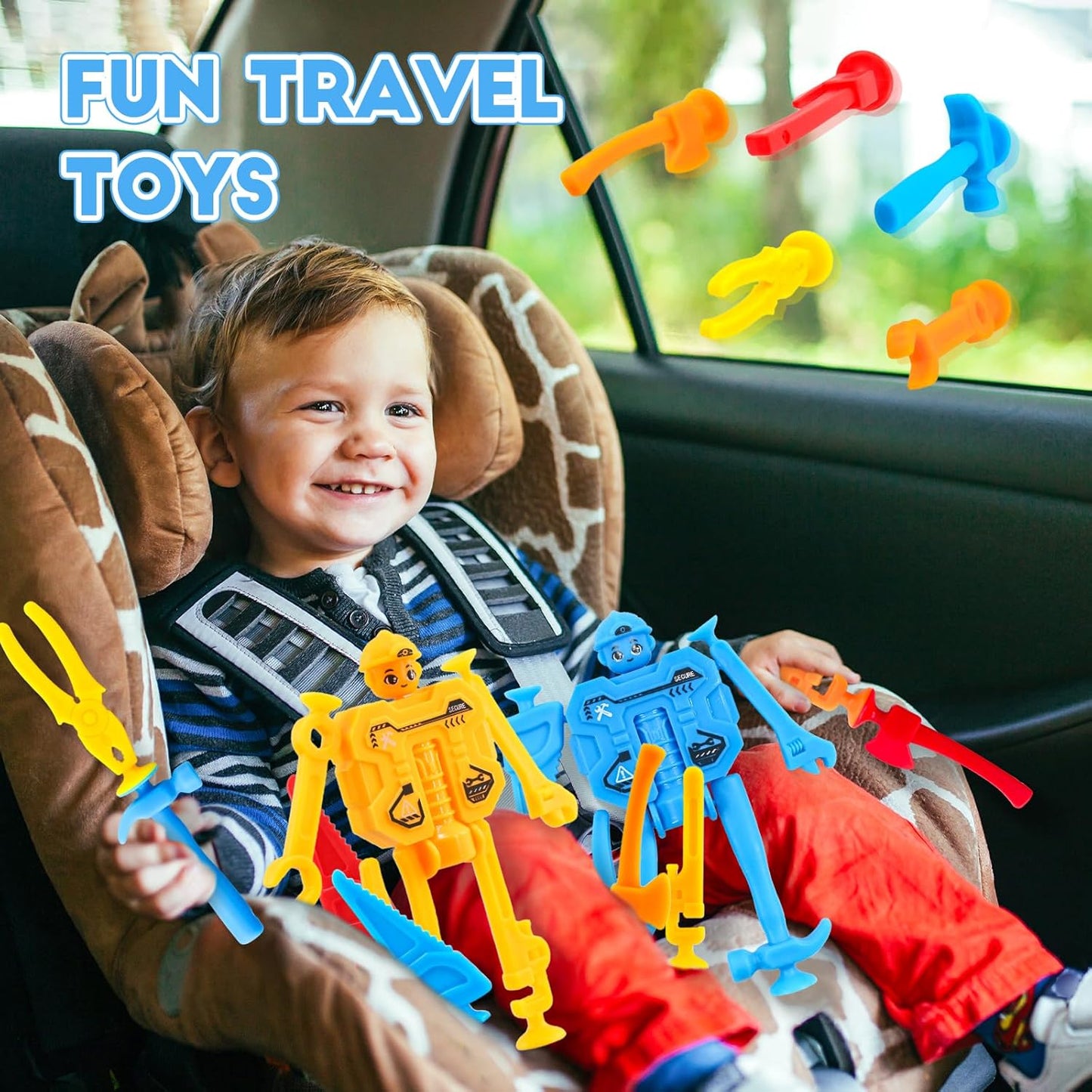 Action Figures Fidget Toys, Kids Tool Set Robot Toys, Toddler Road Trip Car Airplane Travel Suction Toys, Party Favor Classroom Prizes Sensory Autism Toys Gifts for Girls Boys 4 5 6 7+ Years Old
