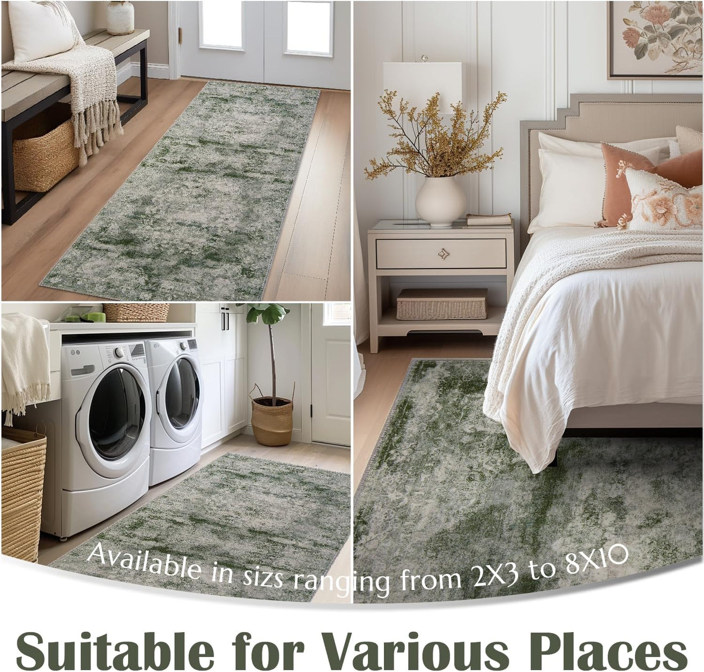 jinchan Green Runner Rug 2x6 - Vintage Floral Machine Washable Distressed Design Non-Slip Low-Pile Soft Thin Carpet for Hallway Kitchen Farmhouse Bedroom Entryway Laundry Room (2x6ft,Forest Green)