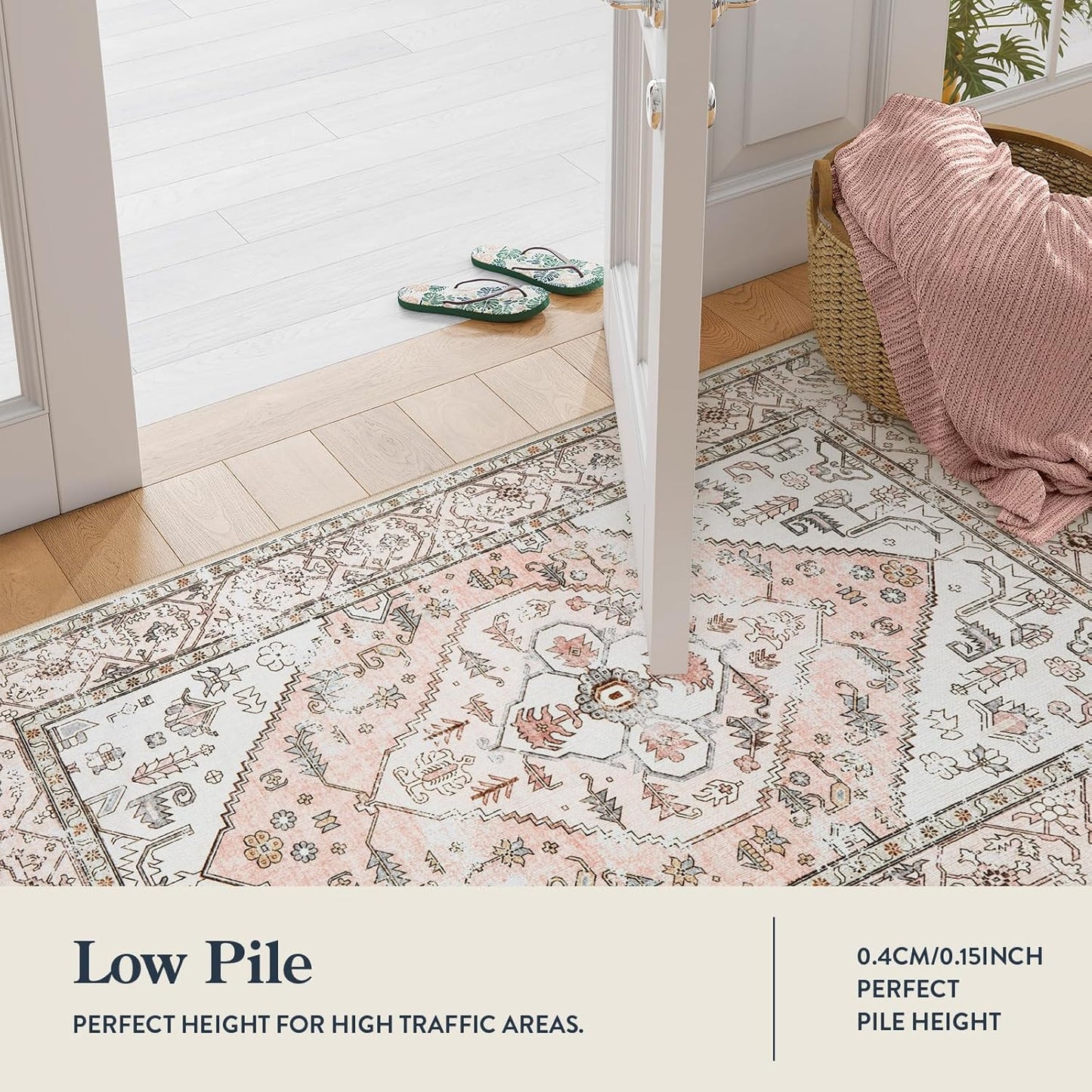 Lahome Boho Washable Non-Slip Pink Rug - Ultra-Thin Non-Shedding Bedroom Bathroom Carpet Runner for Hallway Entryway (Pink, 2'x6')