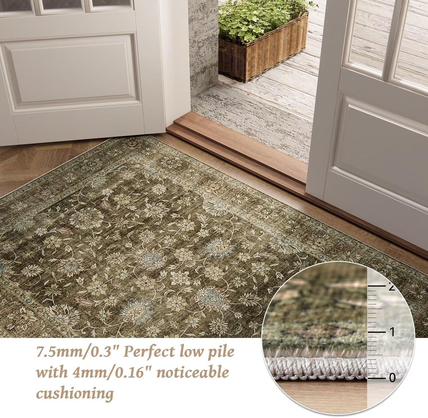 Washable 4x6 Rugs for Living Room, Boho Non-Slip Silicone Backing Small Rugs for Bedroom Nursery Office, 0.3" Neutral Oriental Throw Carpet with 0.16" Cushioning Pad, Flaxen/Multi