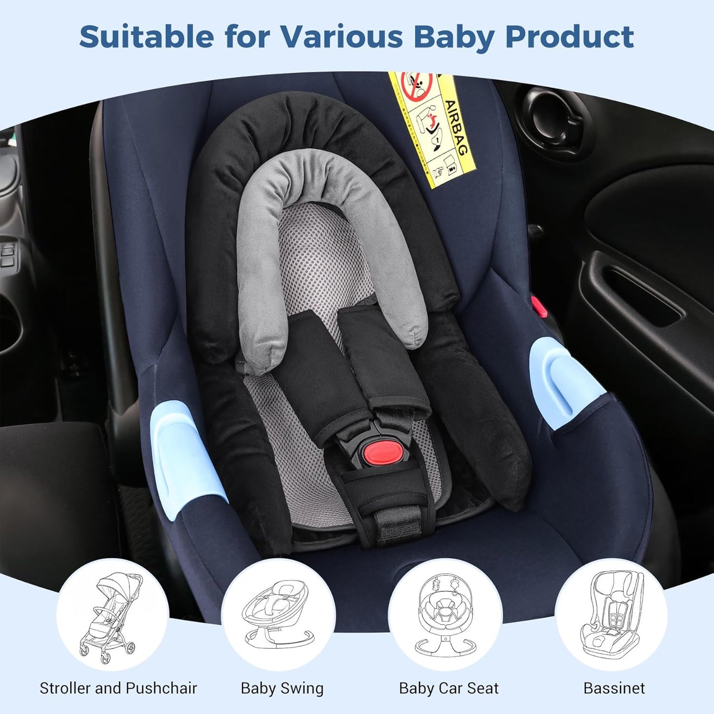 COOLBEBE Upgraded 3-in-1 Babybody Support & Strap Covers Set for Newborn Infant - Extra Soft Car Seat Insert Cushion Pad, Perfect for Carseats, Strollers, Swing, Black