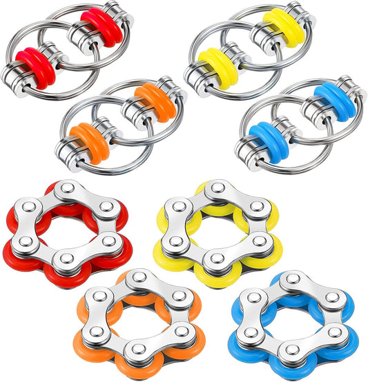 Hicarer 8 Pieces Fidget Toys Set includes 4 Flippy Roller Chain and 4 Six Roller Bike Chain Toys for Adults and Teenagers in Learning Help (Red, Sky Blue, Yellow, Orange)