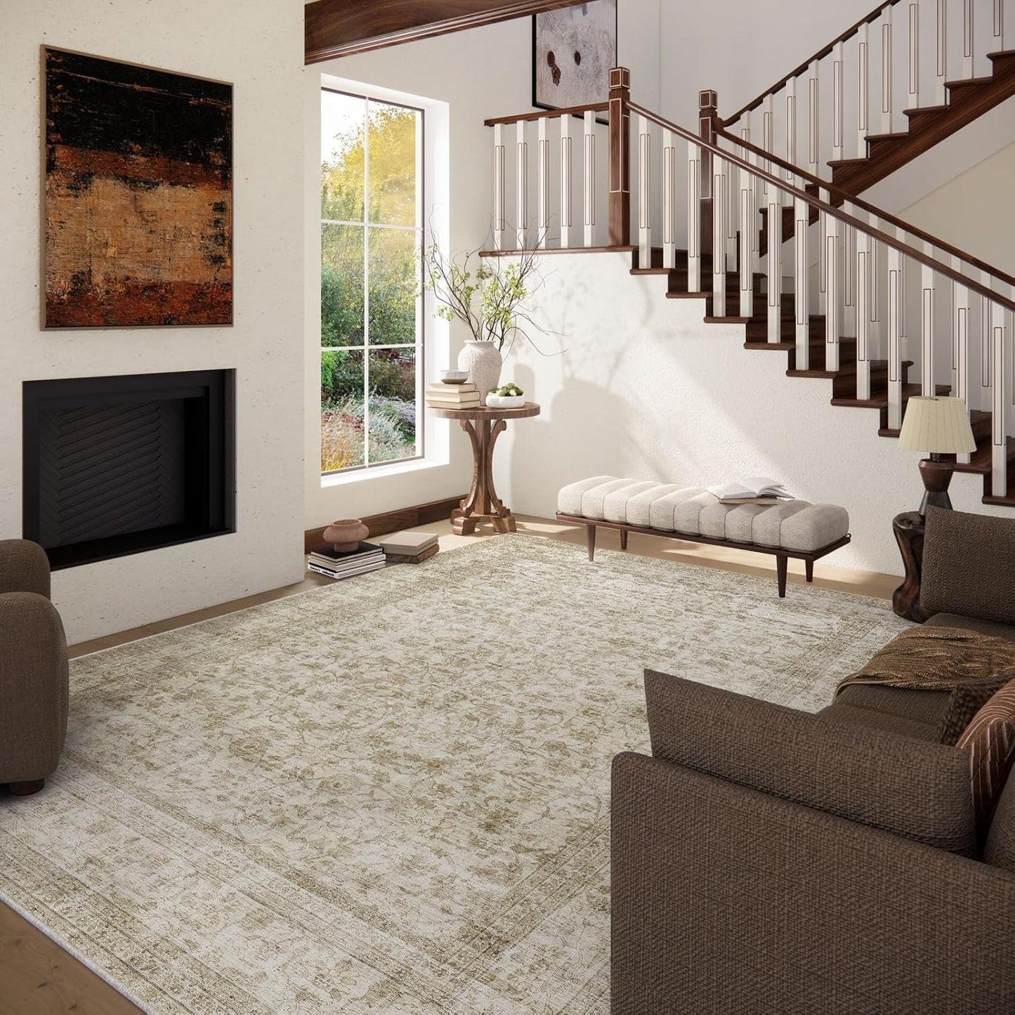 Machine Washable Rugs for Living Room: 5x7 Area Rugs for Bedroom Boho Vintage Rugs Stain Resistant Non Slip Low Pile Soft Lightweight Carpet for Kitchen Dining Room Farmhouse Nursery Kids Room