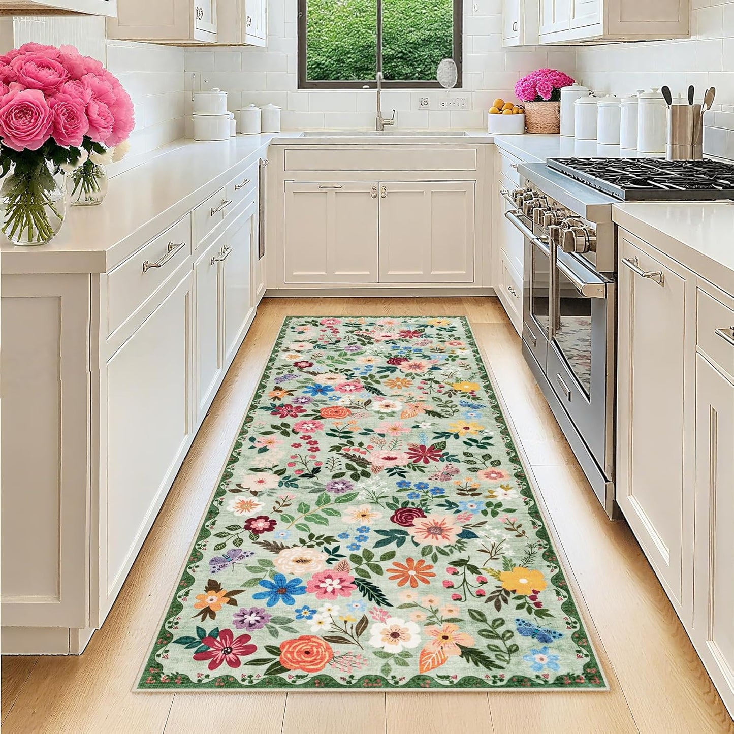 Runner Rug for Entryway: 2.6x8 Kitchen Rugs Non Slip Washable Ultra-Thin Soft Floral Carpet Indoor Floor Stain Resistant Carpets for Hallway Bedroom Kitchen Laundry Bathroom Dorm Green