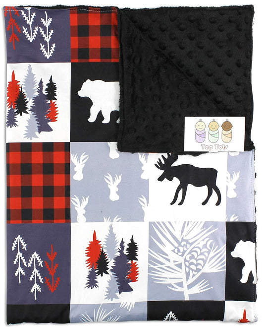 Top Tots Baby Blanket - Minky, Moose, Bear, Deer Heads, Trees and Vines, Red and Black Plaid with White and Gray