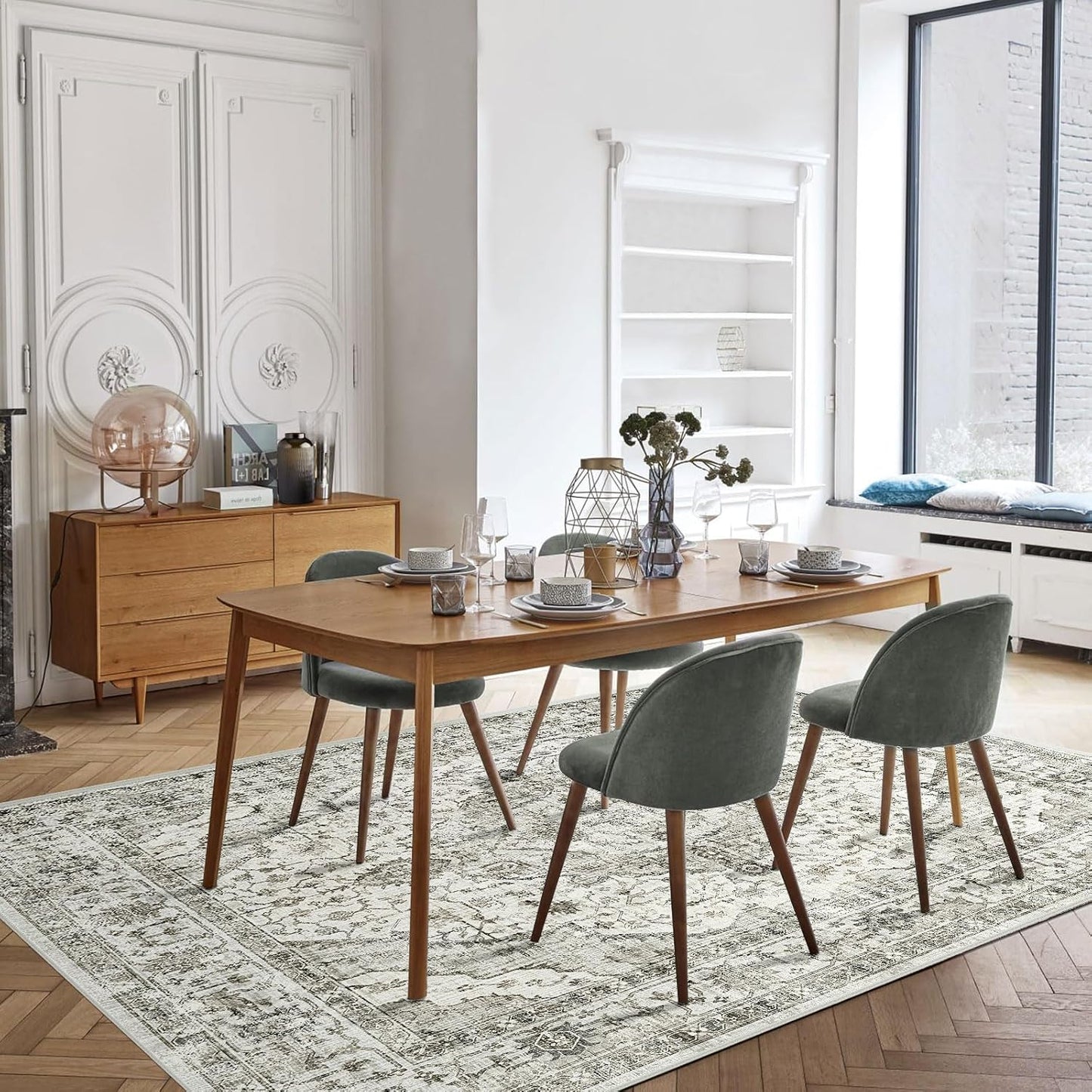 Deerly Washable Rugs 8x10 Area Rug Large Rugs for Living Room - Boho Large Vintage Non-Slip Distressed Carpet Aesthetic Print Floor Rug Cream