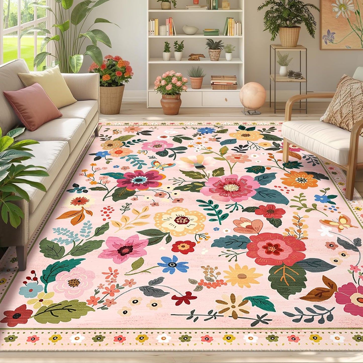 Floral 8x10 Area Rug Machine Washable Soft Print Boho Carpet Non Slip Doormat Low Pile Flower Area Rugs for Living Room Bedroom Nursery Kitchen Dining Room Indoor-Pink