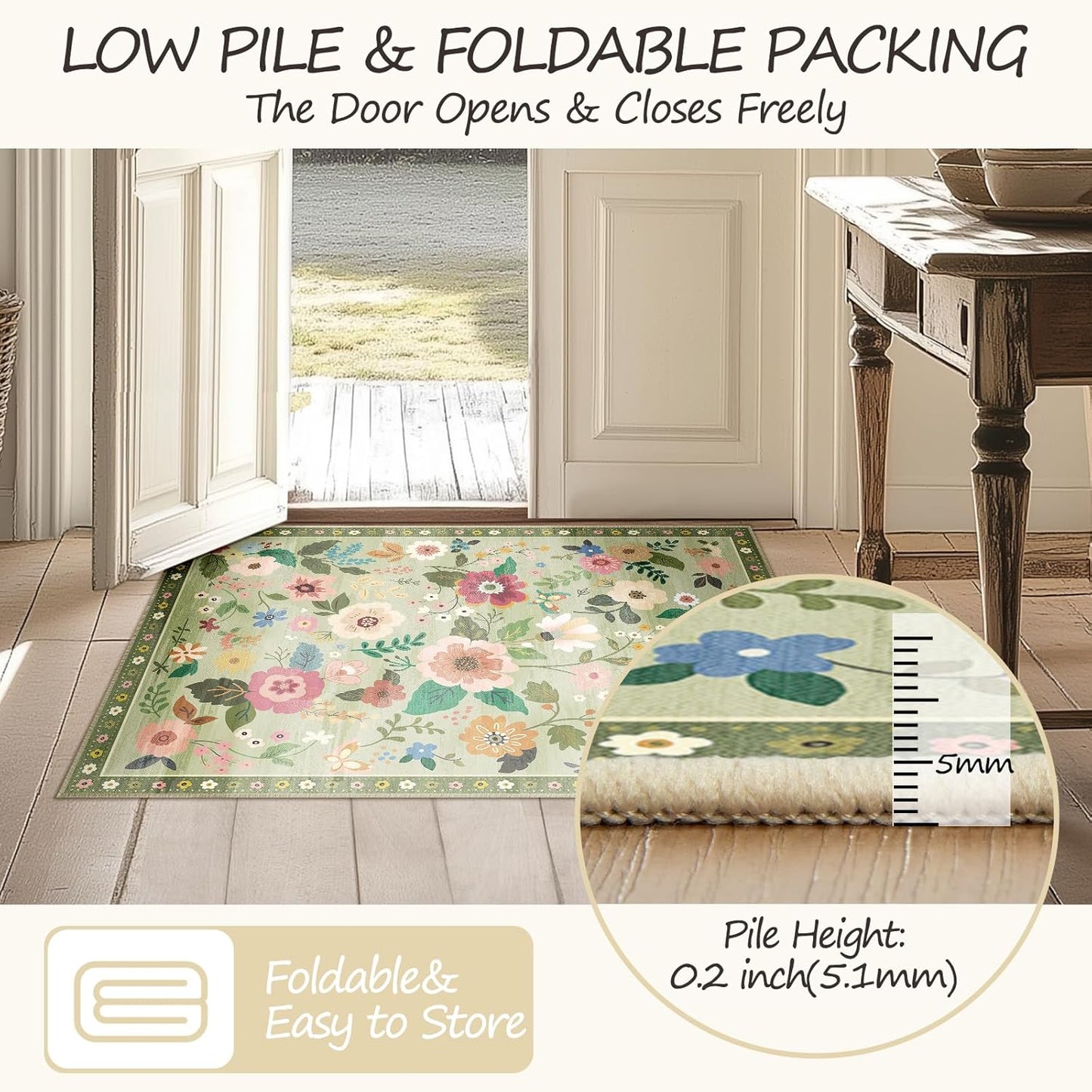 Floral 6ft Area Rug Machine Washable Soft Print Boho Carpet Non Slip Doormat Low Pile Flower Area Rugs for Living Room Bedroom Nursery Kitchen Dining Room Indoor-Light Green