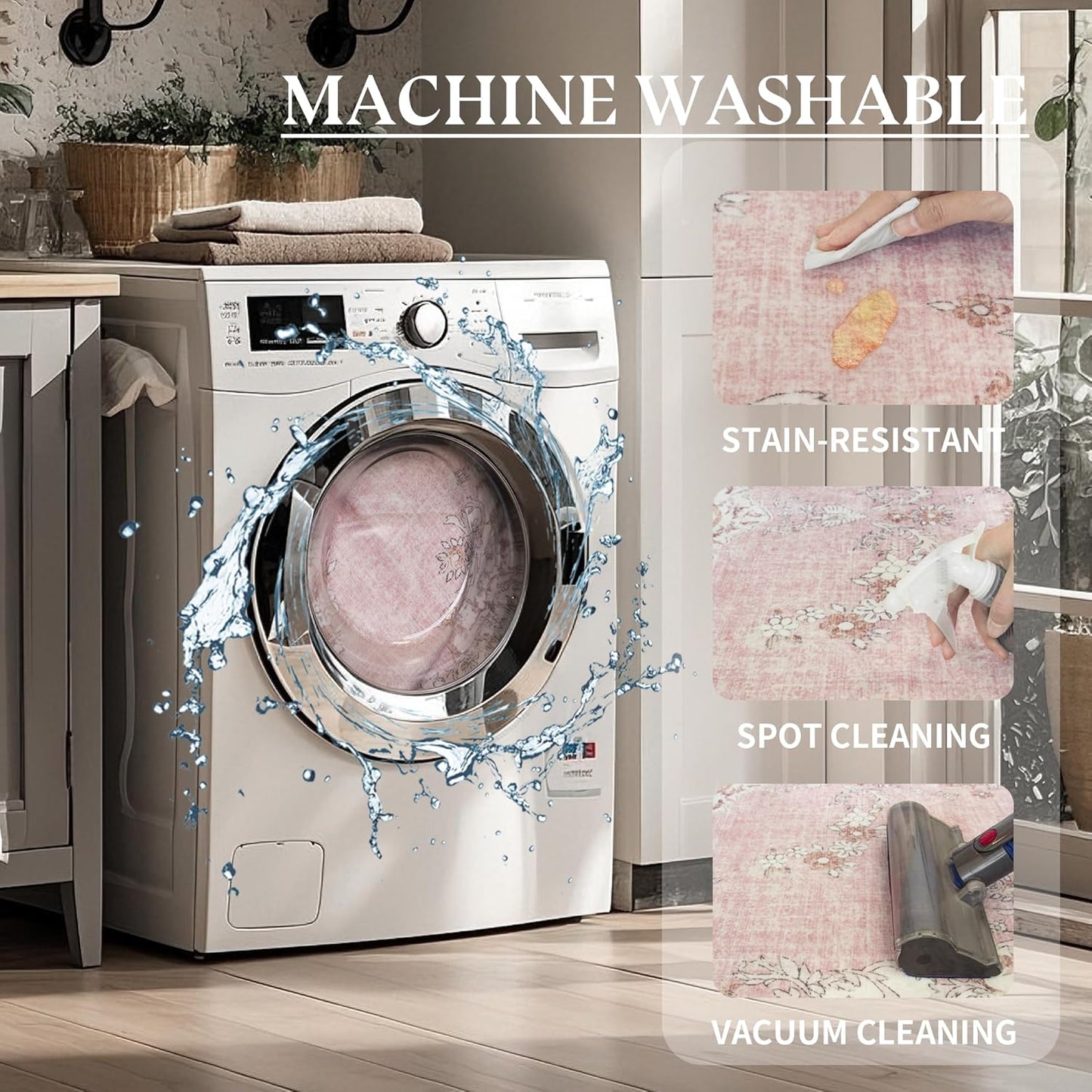 9x12 Area Rug Washable: Oriental Soft Area Rug for Living Room Bedroom No Shedding - Low Pile Thin Carpet Rug for Dining Room Non Slip - Boho Vintage Rug for Home Decor - Soft Pink