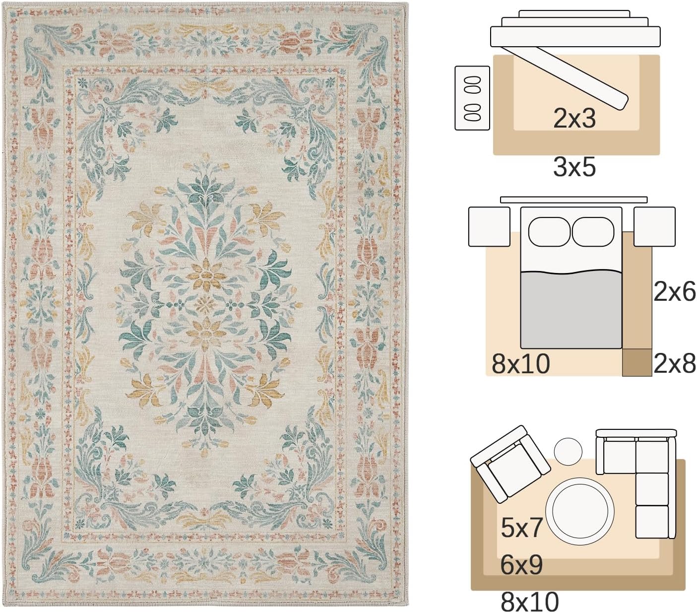 jinchan Spring Floral 2x3 Rugs for Entryway - Vintage Washable Area Rug Ultra-Thin Low Pile Soft Small Non Slip Distressed Indoor Doormat Accent for Entrance Kitchen Bedroom (2x3ft,Apricot Multi)