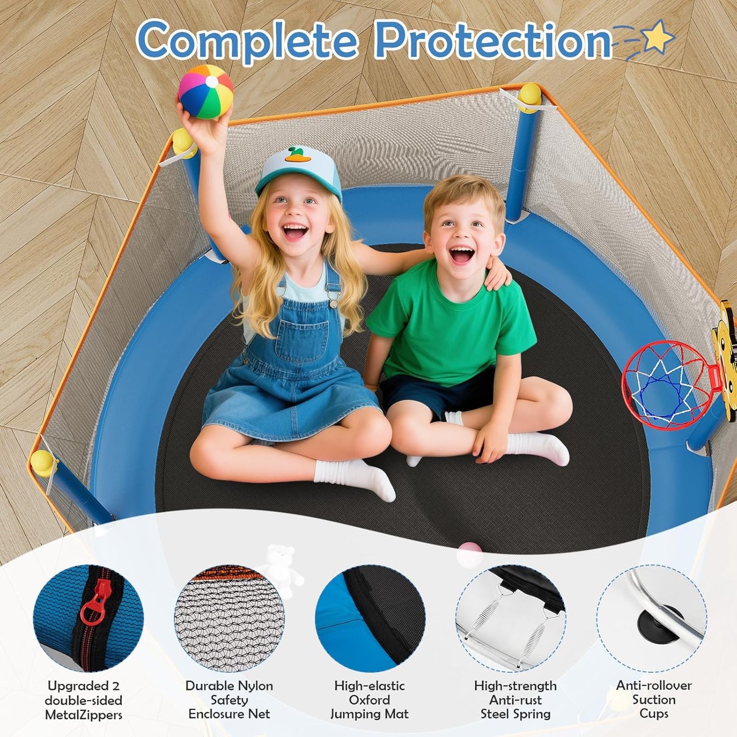 Kids Trampoline with Safety Net – 440lbs Capacity, Upgraded Rust-Proof Ring Legs, Adjustable Gymnastics Bar & Toys – Indoor Outdoor Toddler Trampoline for Boys & Girls Ages 1-8