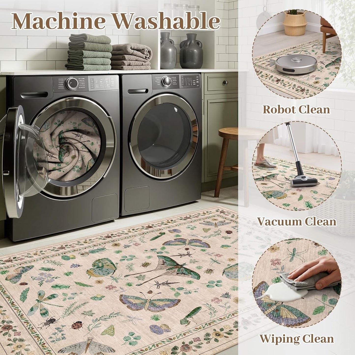 5x7 Washable Area Rug with Insect Print - Bug Rug Non-Shedding Stain Resistant Soft Carpet for Bedroom, Low Pile Ultra-Thin Machine Washable Carpet for Dining Room, Kids Nursery, Office (5'x7' Beige)