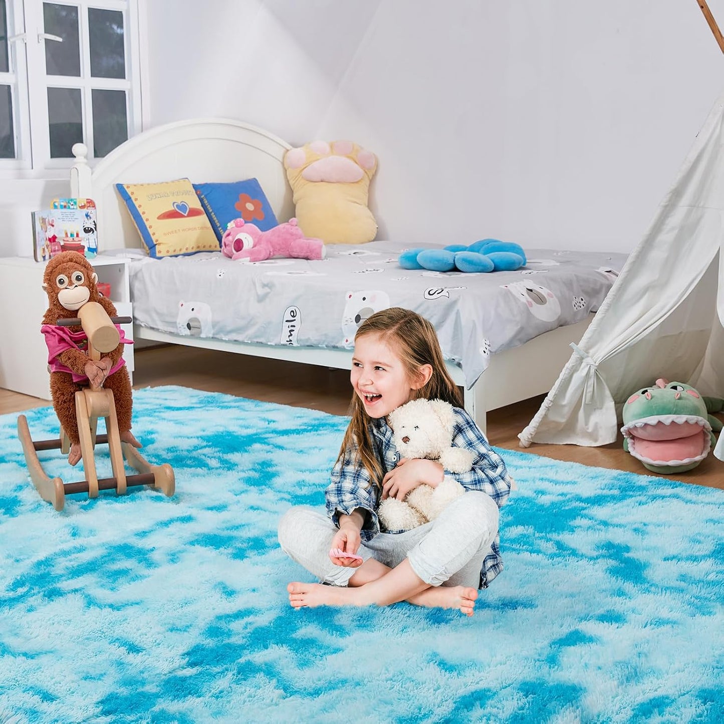 Ultra Soft Rug for Living Room, 4X6 Fluffy Shag Area Rug for Bedroom, Modern Shaggy Carpets Fuzzy Rug for Teens Dorm Nursery Home Decor Aesthetic, Upgrade Anti-Skid Durable, Tie-Dyed Blue