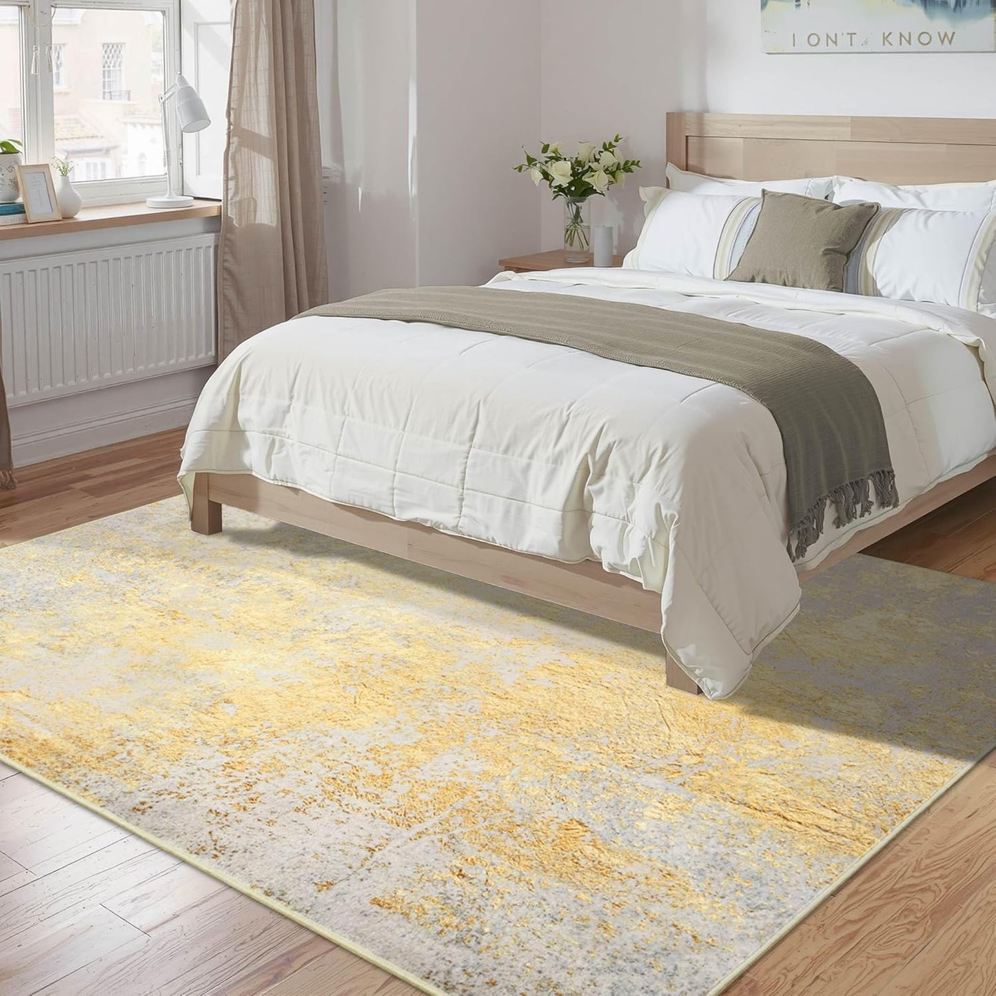 Nursery Rug for Baby Girl, 5x7 Gold Washable Rugs for Living Room Bedroom Dorm Non Slip, Stain Resistant Neutral Carpet Low Pile for Classroom, Dining Room, Kids Playroom