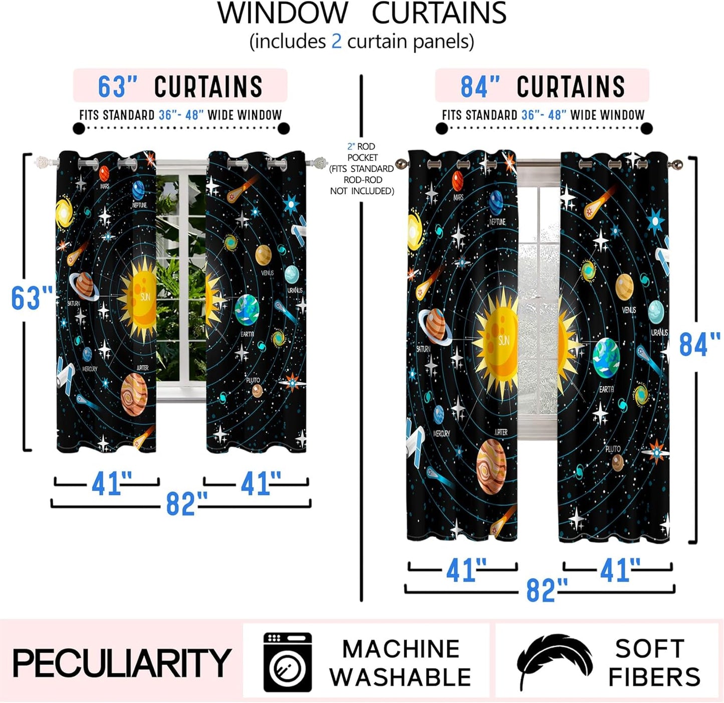 Solar System Curtain Panels - 2Pcs 82" x 63" 95% Blackout Outer Space Curtains for Boys Bedroom Grommet Room Darkening Galaxy Planets Themed Curtains for Living Room