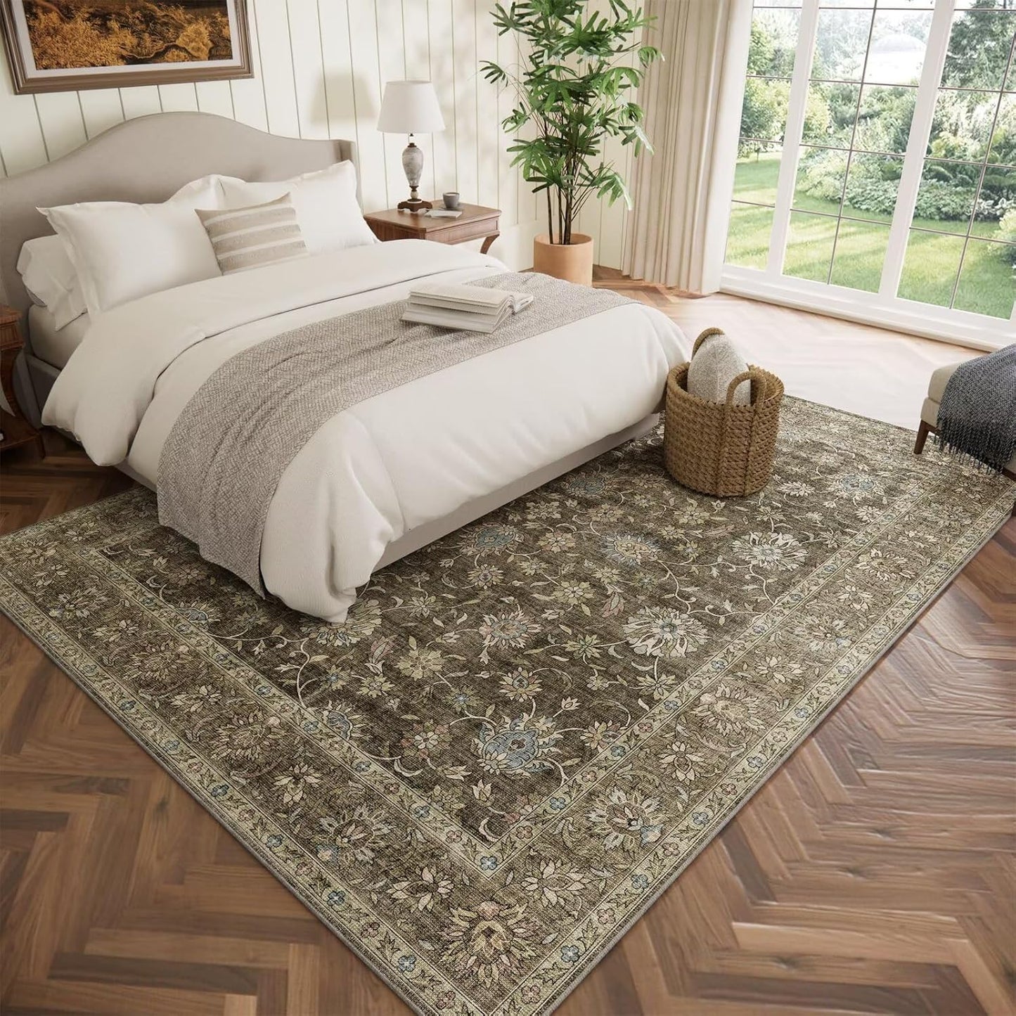 Washable 6x9 Area Rugs for Living Room, Boho Non-Slip Silicone Backing Large Rugs for Bedroom Dining Room Nursery Office, 0.3" Neutral Oriental Throw Carpet with 0.16" Cushioning Pad, Flaxen/Multi