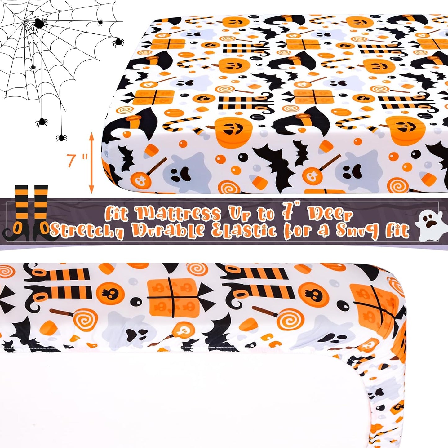 UOMNY Halloween Pumpkin Crib Sheet for Boys Girls Pumpkin Ghost Fitted Crib Sheets for Standard Crib 52 X 28 Inch Toddler Crib Mattresses Sheet