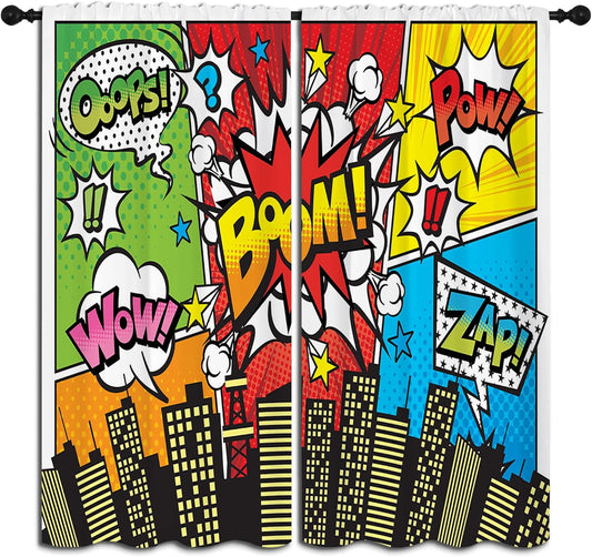 Superhero City Wars Explosion Rod Pocket Blackout Curtains for Boy Girl Bedroom, Colorful Comics Ar Thermal Insulated Home Window Drapes for Living Room Darkening, 42x45 inch