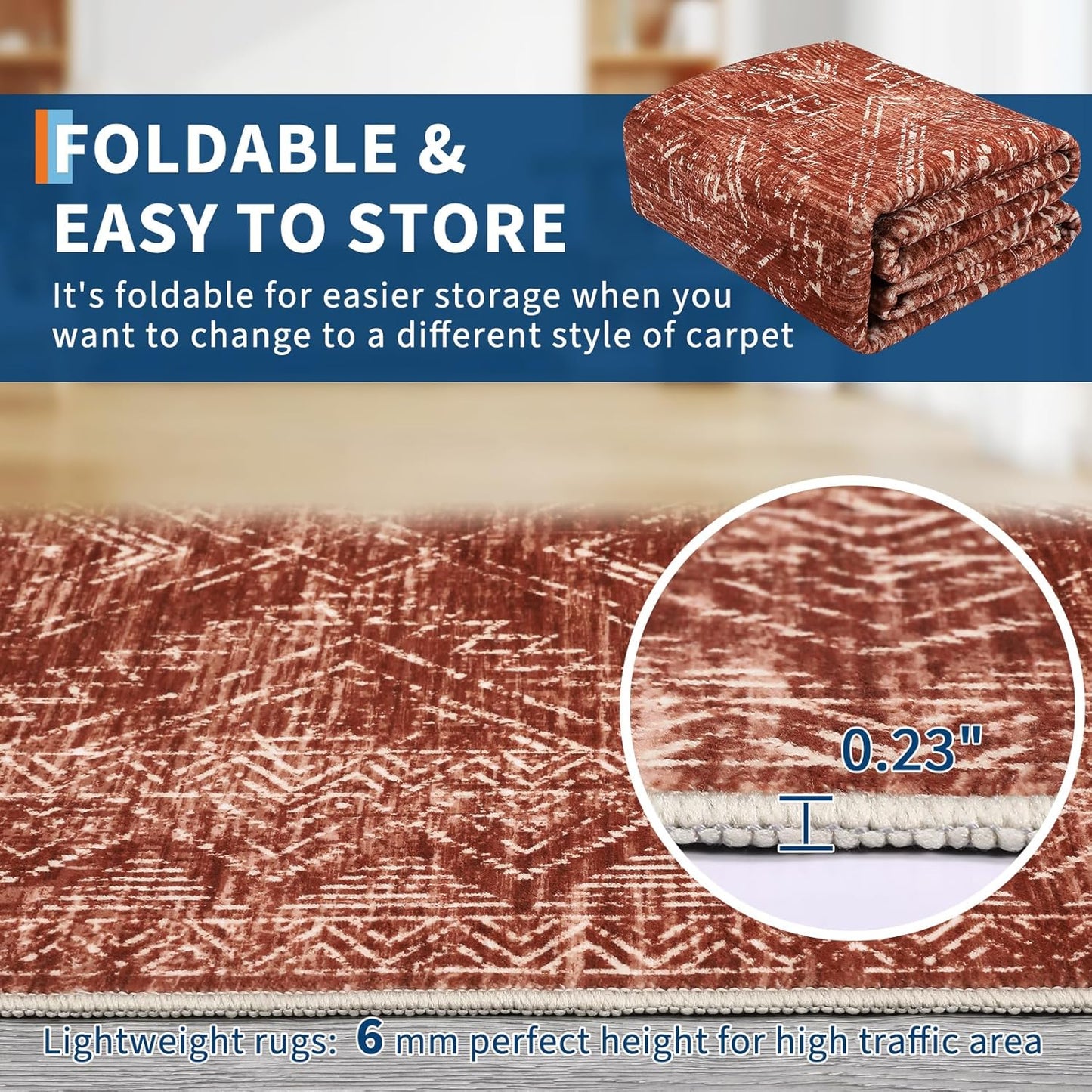 COZYLOOM 2x8 Rug Modern Indoor Area Rug Machine-Washable for Living Room or Bedroom Softness Foldable Carpet for Easy Storage Geometric Design Non Slip Rug Stain Resistant Carpet, Brick Red