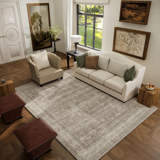 Washable Area Rugs for Living Room: 5x7 Bedroom Rug Boho Vintage Area Rug Stain Resistant Non Slip Low Pile Lightweight Soft Carpets for Dining Room Kitchen Nursery Kids Room Farmhouse