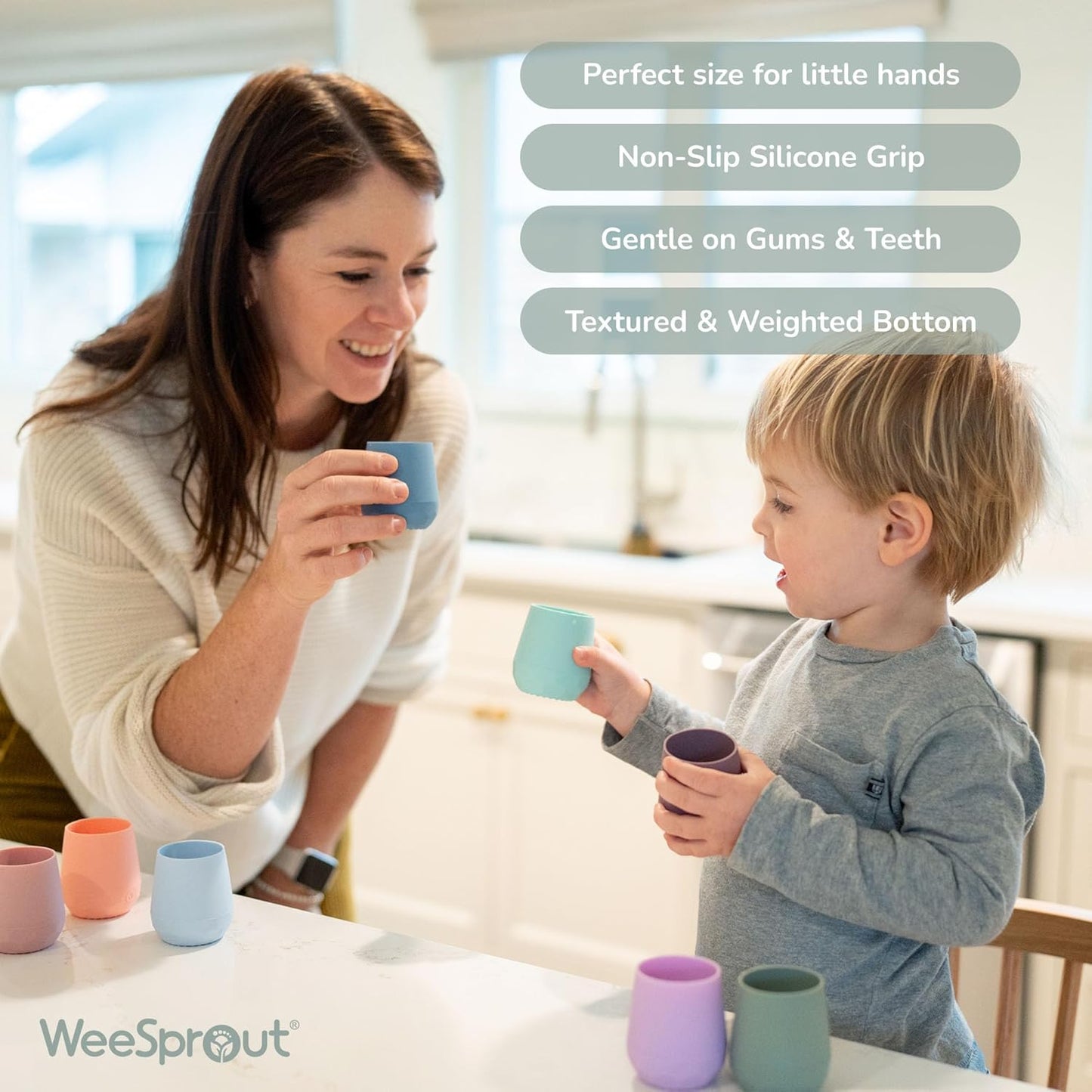 WeeSprout Silicone Baby Training Cups - Set of 2 Soft Silicone Cups - 2 oz Open Cup for Baby 6+ Months - Non-Slip Grip, Weighted Base - Gentle on Gums & Teeth (Matte Blue & Matte Green)