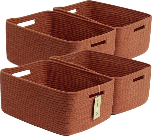 Large Storage Baskets for Organizing, Closet Shelf Baskets for Clothes Blanket Towels, Baby Nursery, Toy Bins Box, Woven Rope Baskets, 17 x 13 x 7.5”, 4 Packs Oxide Red